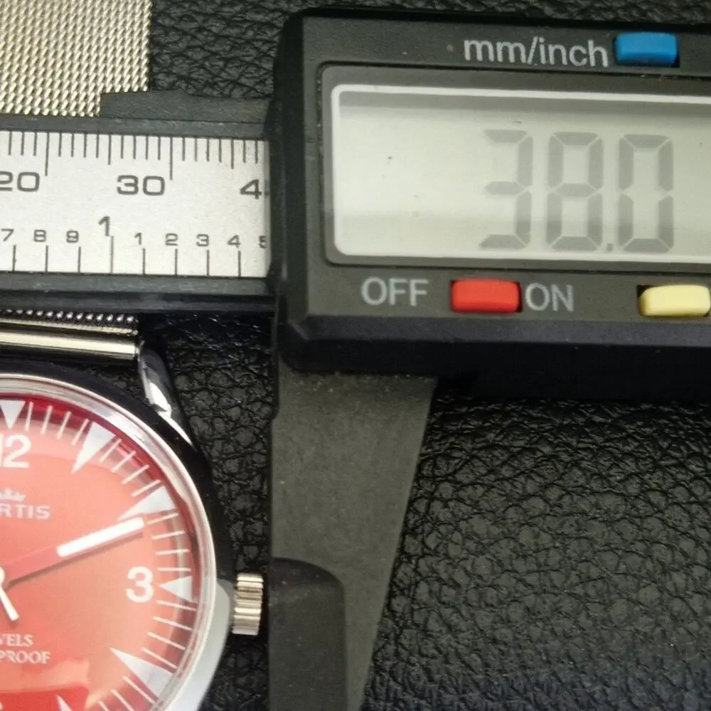 Vintage 1985 Fortis Manual Mens Silver Watch W/Steel Strap & Red accents